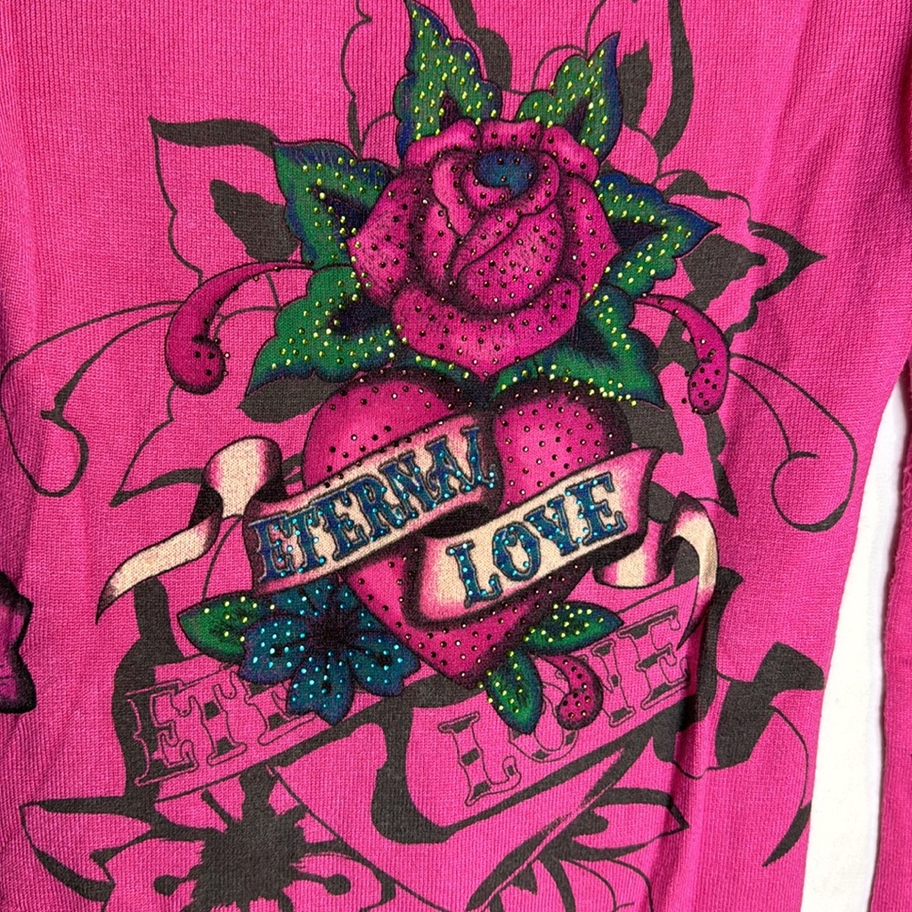 💖Eternal Love by Ed Hardy pink long sleeve hooded knit sweater Sz Small - Picture 10 of 15